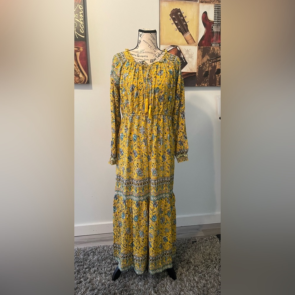 Yellow Floral Maxi Dress with Tassel Tie